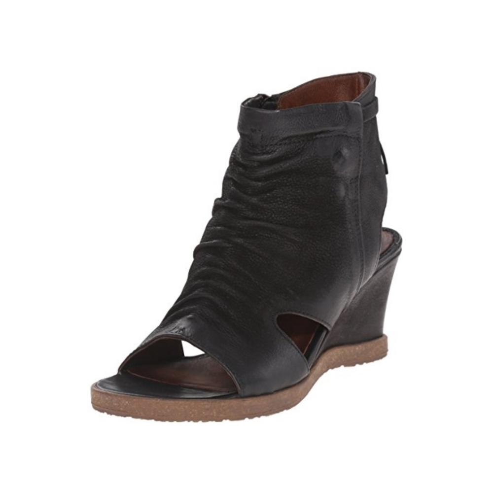 Miz Mooz Becca Encaged Open Toe Bootie Leather Sandal Wedge in Distressed Black